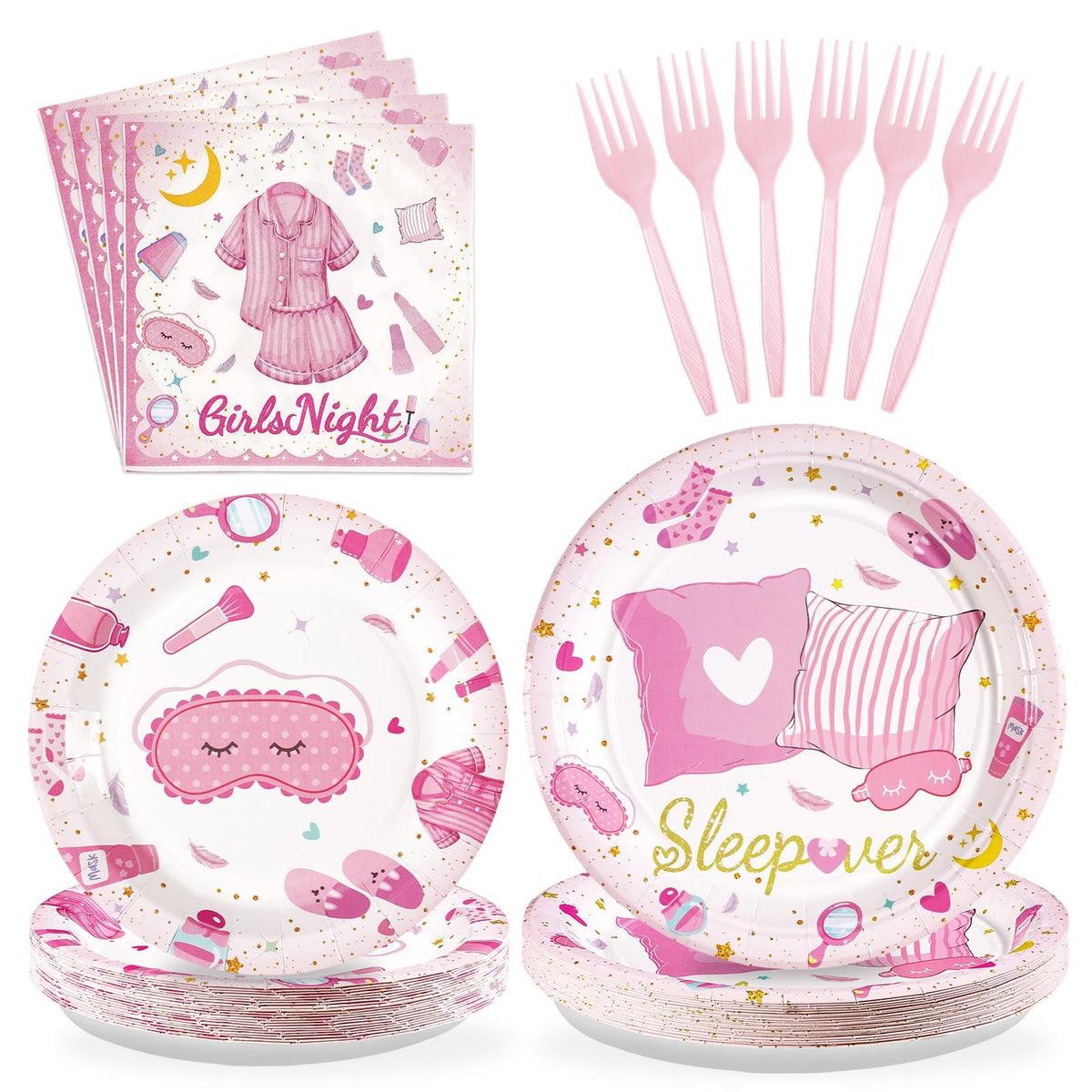 96 Pcs Pink Sleepover Party Plates and Napkins - Grencian
