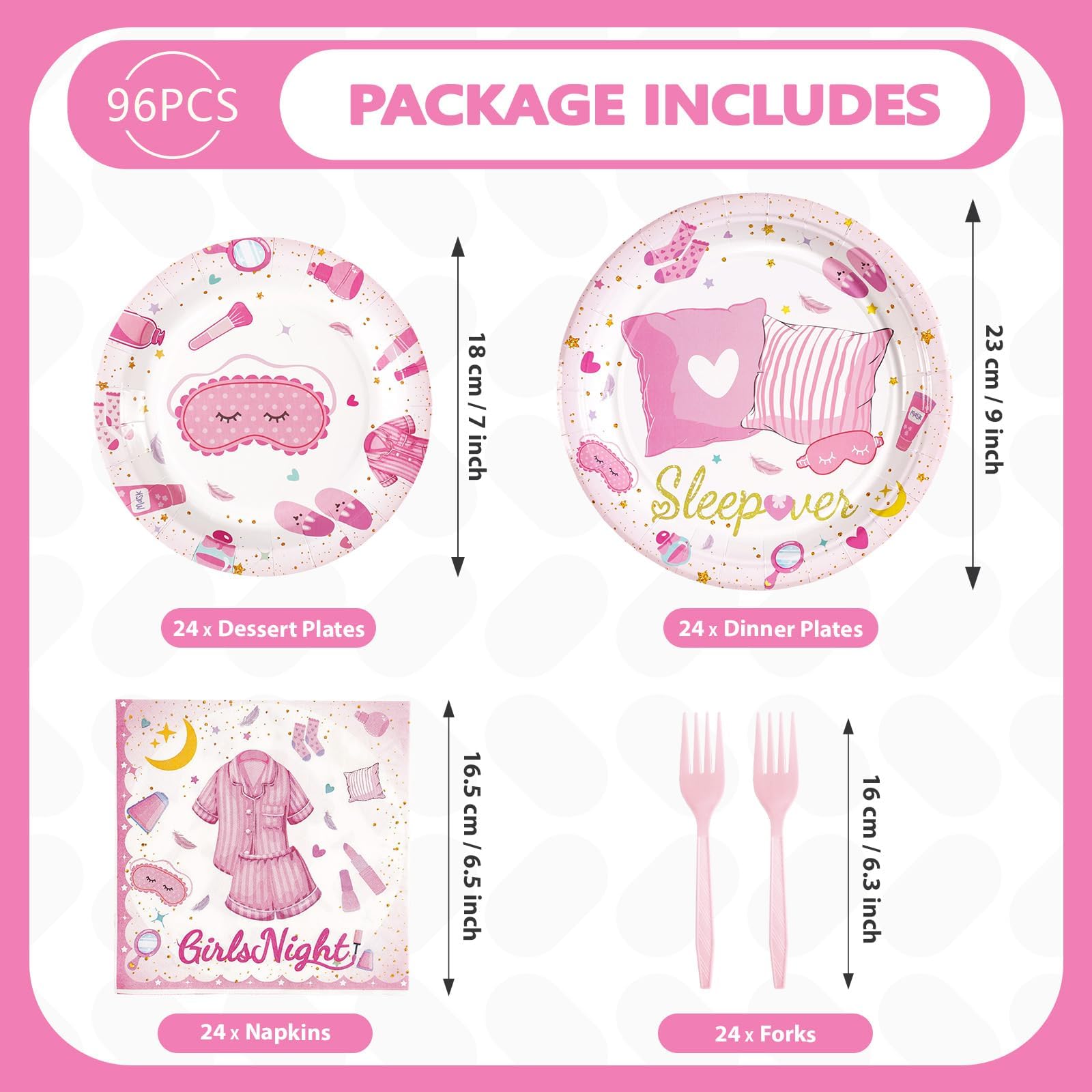 96 Pcs Pink Sleepover Party Plates and Napkins - Grencian