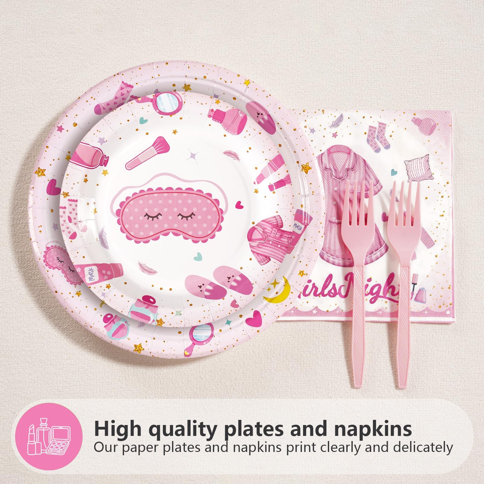 96 Pcs Pink Sleepover Party Plates and Napkins - Grencian