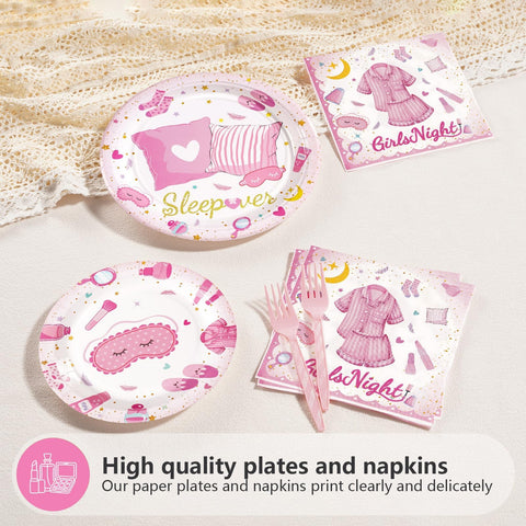 96 Pcs Pink Sleepover Party Plates and Napkins - Grencian