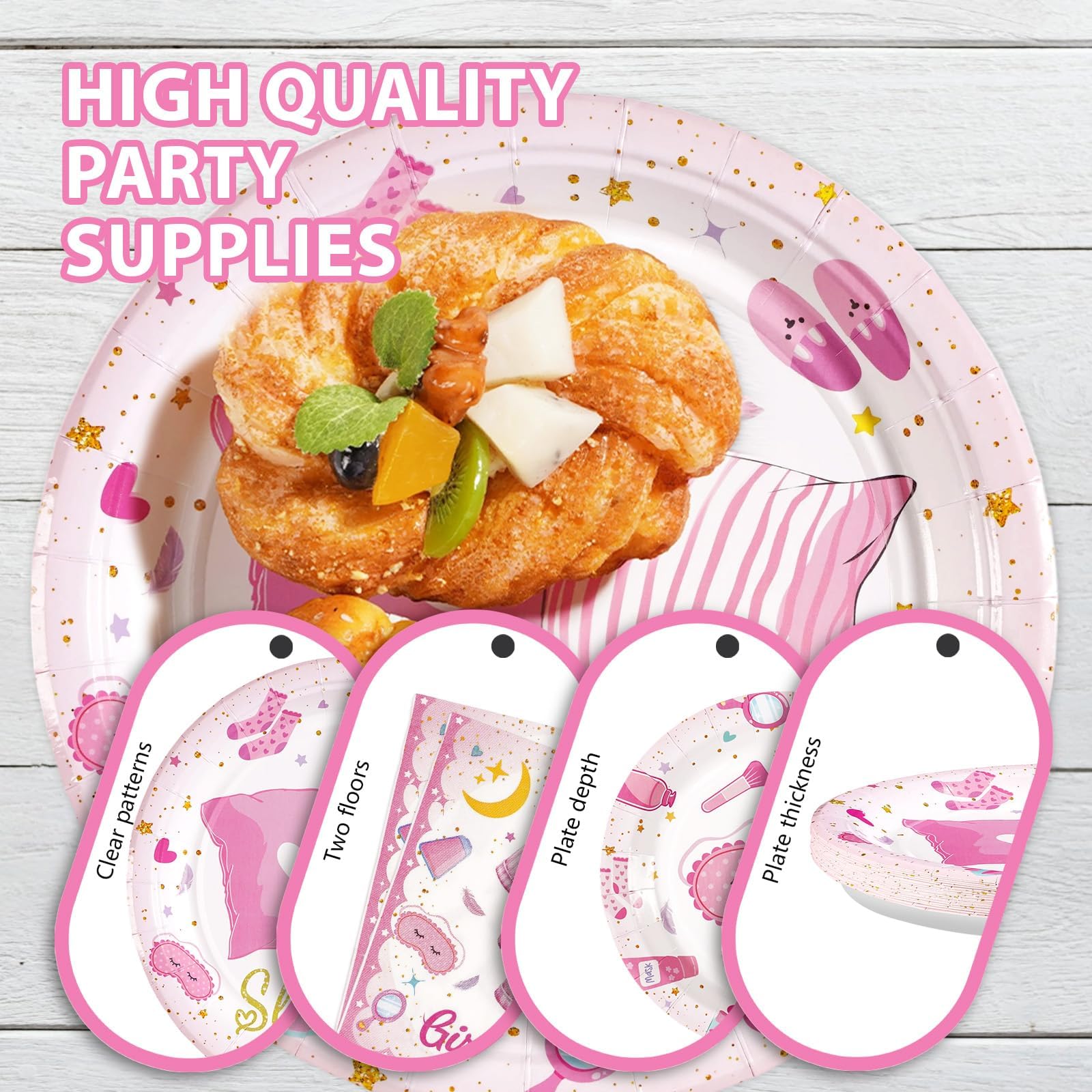 96 Pcs Pink Sleepover Party Plates and Napkins - Grencian
