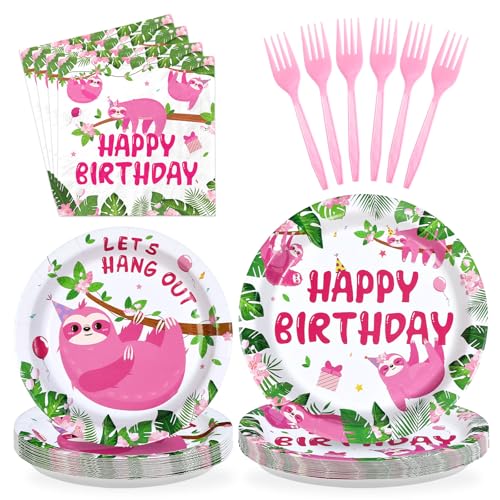 96 Pcs Pink Sloth Birthday Party Plates and Napkins - Grencian
