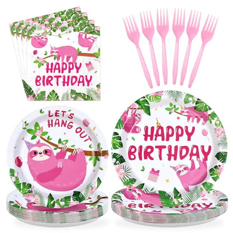 96 Pcs Pink Sloth Birthday Party Plates and Napkins - Grencian
