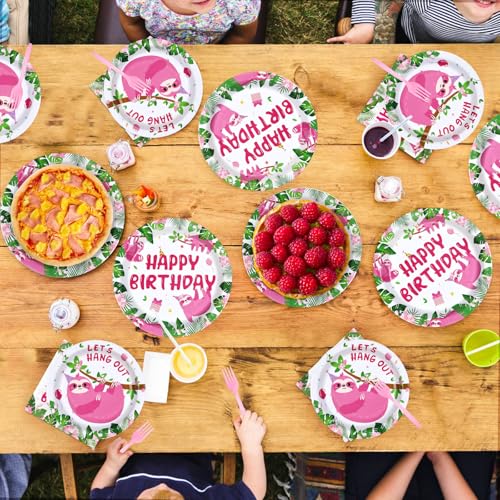 96 Pcs Pink Sloth Birthday Party Plates and Napkins - Grencian