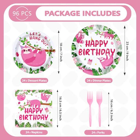 96 Pcs Pink Sloth Birthday Party Plates and Napkins - Grencian
