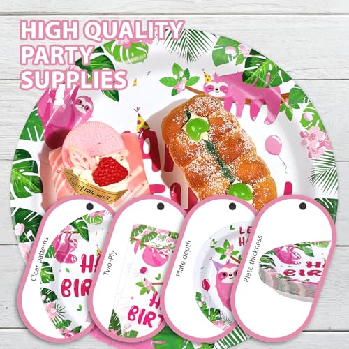 96 Pcs Pink Sloth Birthday Party Plates and Napkins - Grencian