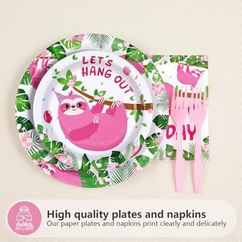 96 Pcs Pink Sloth Birthday Party Plates and Napkins - Grencian