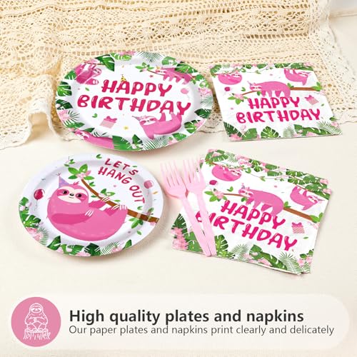 96 Pcs Pink Sloth Birthday Party Plates and Napkins - Grencian