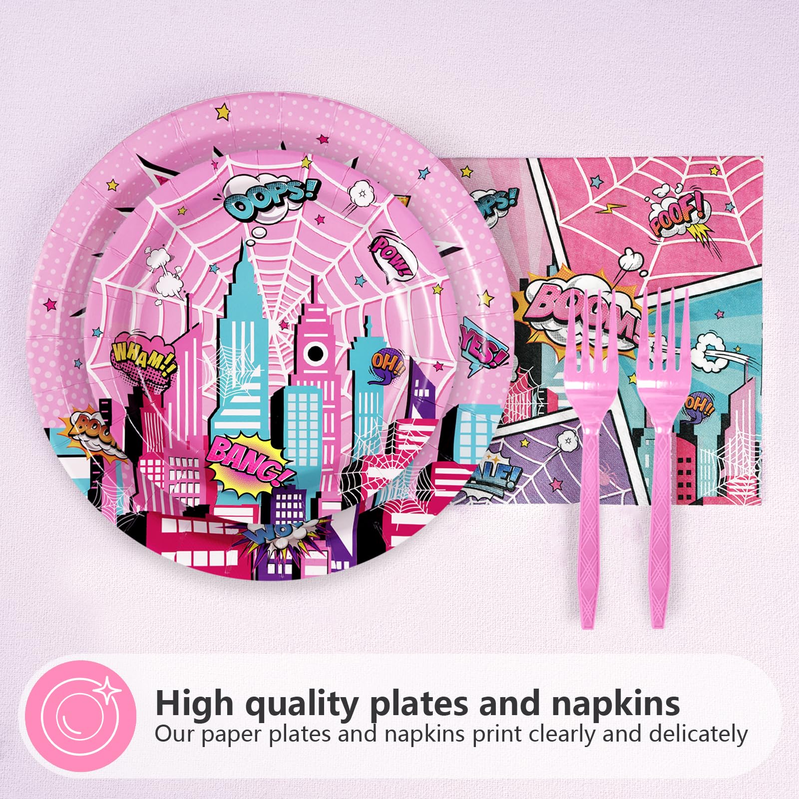 96 Pcs Pink Spider Party Plates and Napkins - Grencian