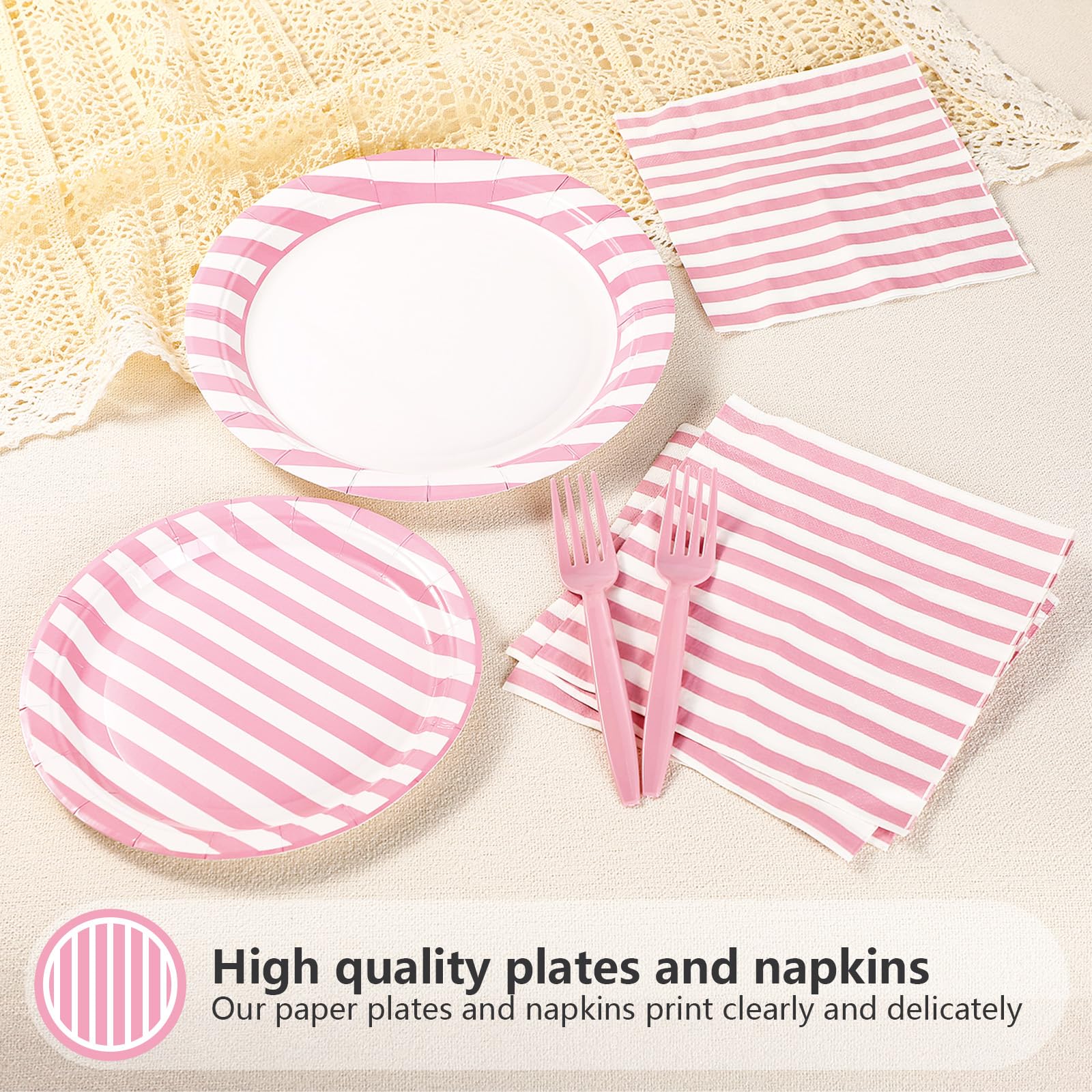 96 Pcs Pink Striped Party Plates and Napkins - Grencian