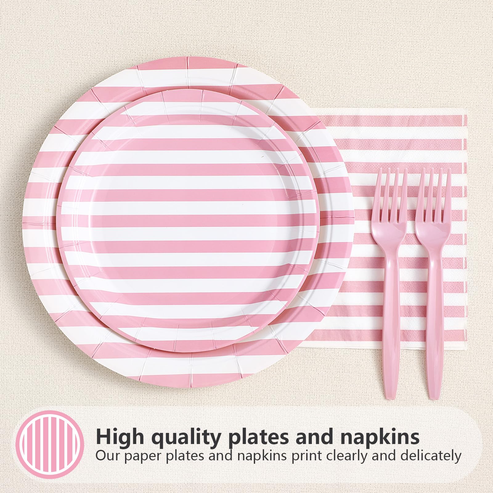 96 Pcs Pink Striped Party Plates and Napkins - Grencian