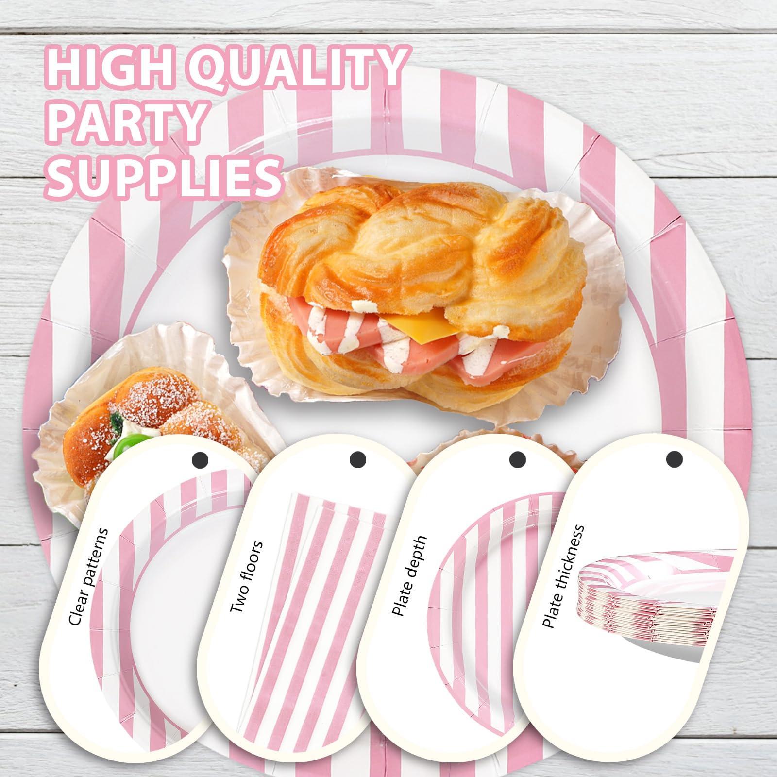 96 Pcs Pink Striped Party Plates and Napkins - Grencian