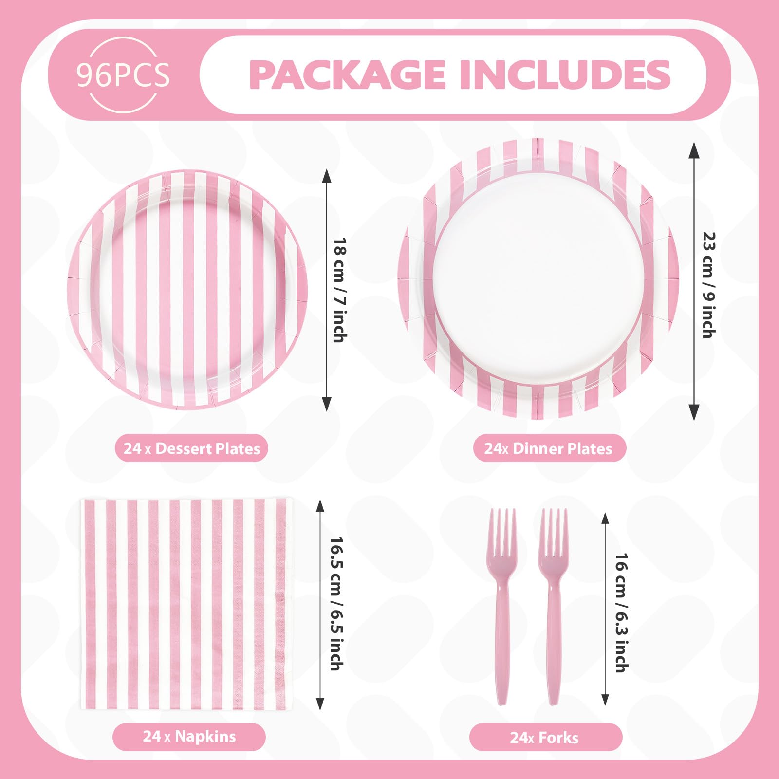 96 Pcs Pink Striped Party Plates and Napkins - Grencian