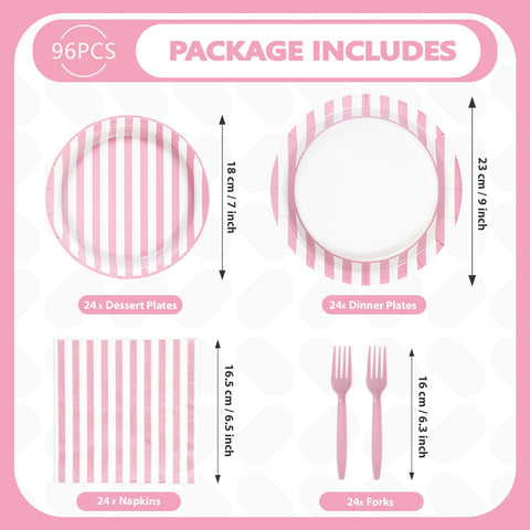 96 Pcs Pink Striped Party Plates and Napkins - Grencian