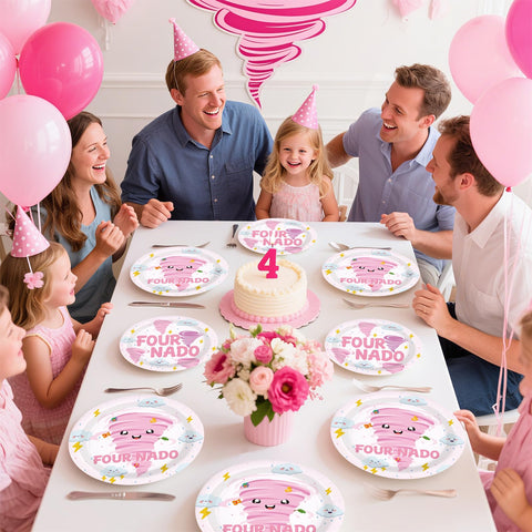 96 Pcs Pink Tornado 4th Birthday Party Plates and Napkins - Grencian
