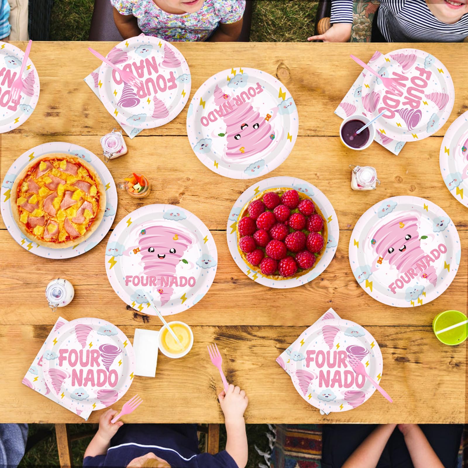 96 Pcs Pink Tornado 4th Birthday Party Plates and Napkins - Grencian