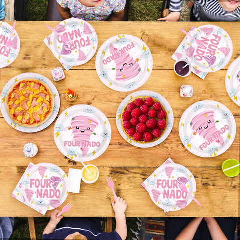 96 Pcs Pink Tornado 4th Birthday Party Plates and Napkins - Grencian