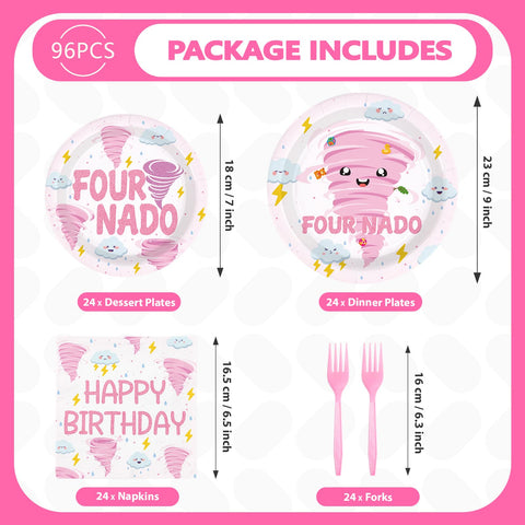 96 Pcs Pink Tornado 4th Birthday Party Plates and Napkins - Grencian