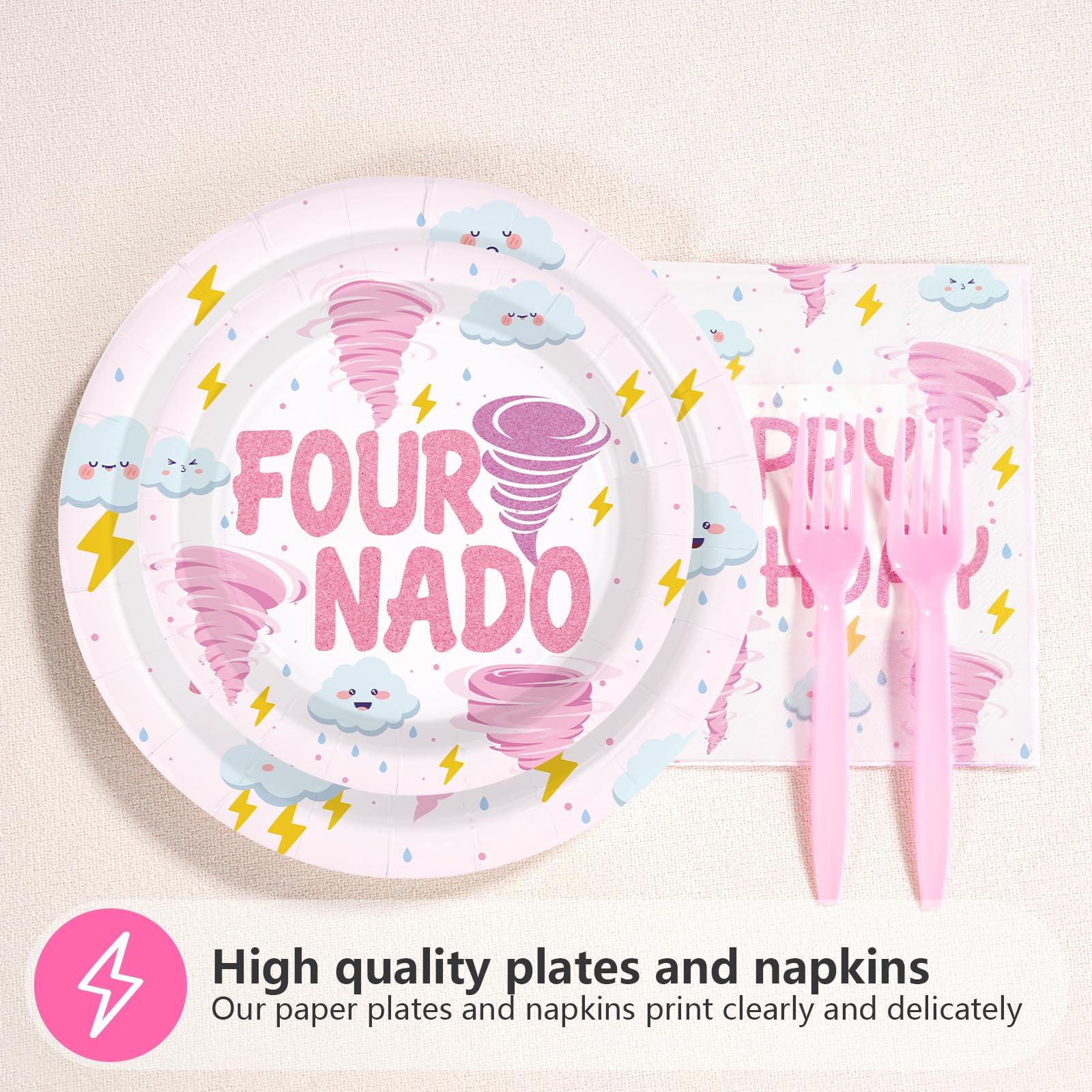 96 Pcs Pink Tornado 4th Birthday Party Plates and Napkins - Grencian