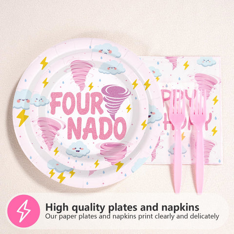 96 Pcs Pink Tornado 4th Birthday Party Plates and Napkins - Grencian