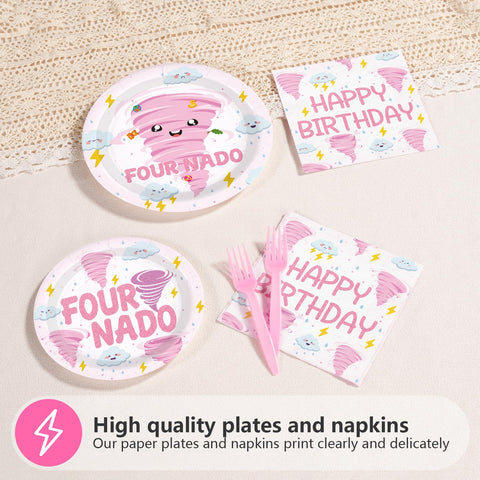 96 Pcs Pink Tornado 4th Birthday Party Plates and Napkins - Grencian