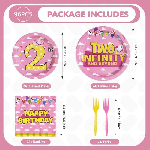 96 Pcs Pink Toy 2nd Birthday Party Plates and Napkins - Grencian