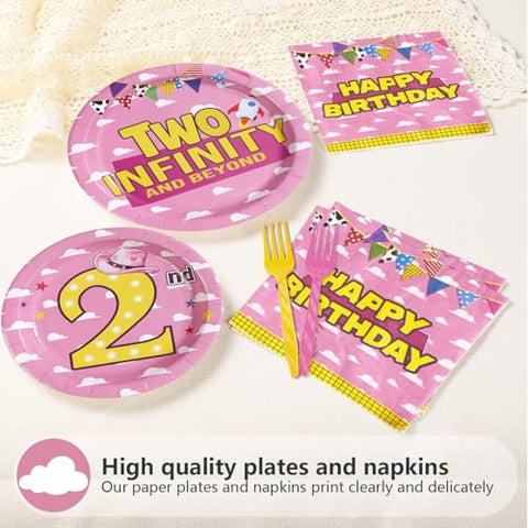 96 Pcs Pink Toy 2nd Birthday Party Plates and Napkins - Grencian
