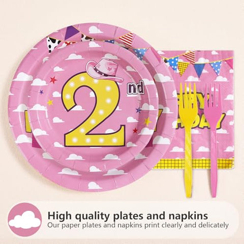 96 Pcs Pink Toy 2nd Birthday Party Plates and Napkins - Grencian