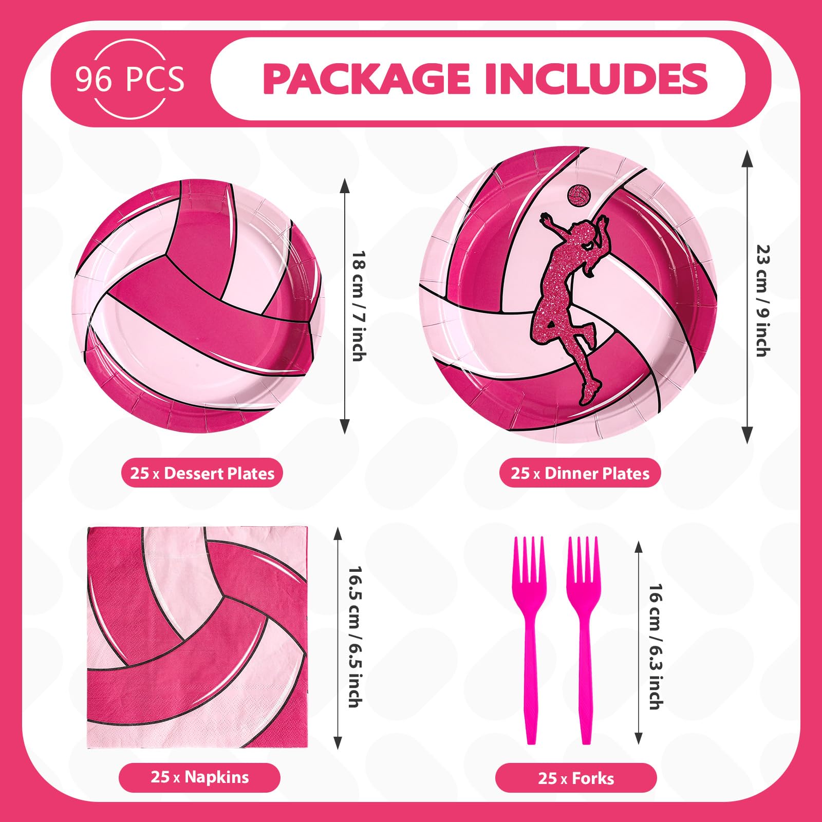 96 Pcs Pink Volleyball Party Plates and Napkins - Grencian