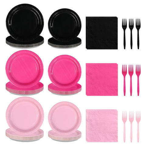 96 Pcs Pink and Black Party Plates and Napkins