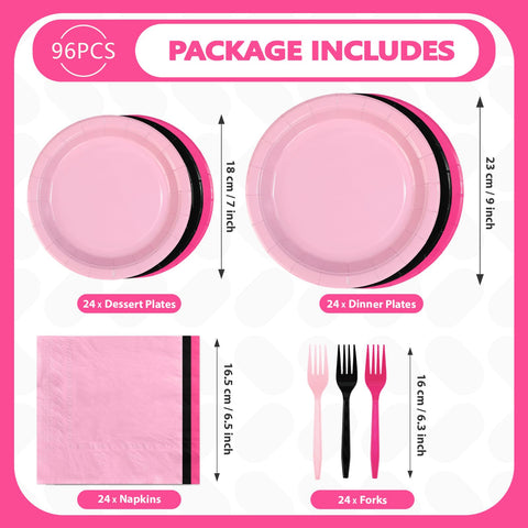 96 Pcs Pink and Black Party Plates and Napkins