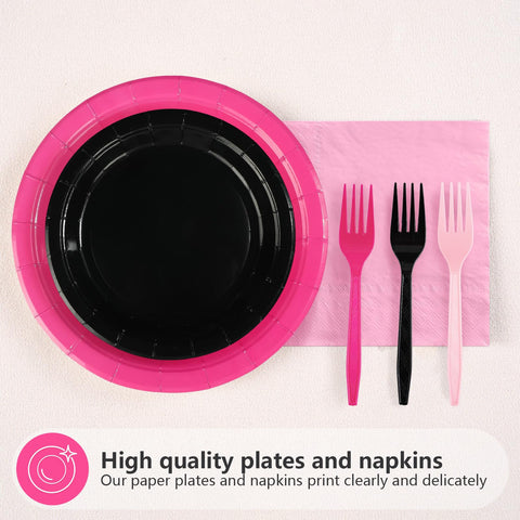 96 Pcs Pink and Black Party Plates and Napkins