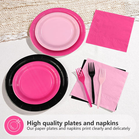 96 Pcs Pink and Black Party Plates and Napkins