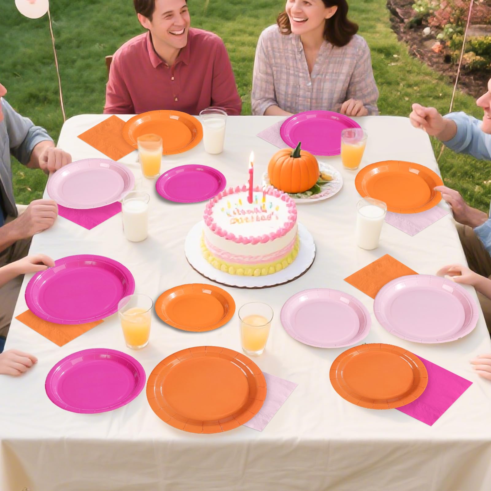 96 Pcs Pink and Orange Party Plates and Napkins - Grencian