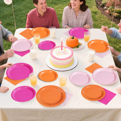 96 Pcs Pink and Orange Party Plates and Napkins - Grencian