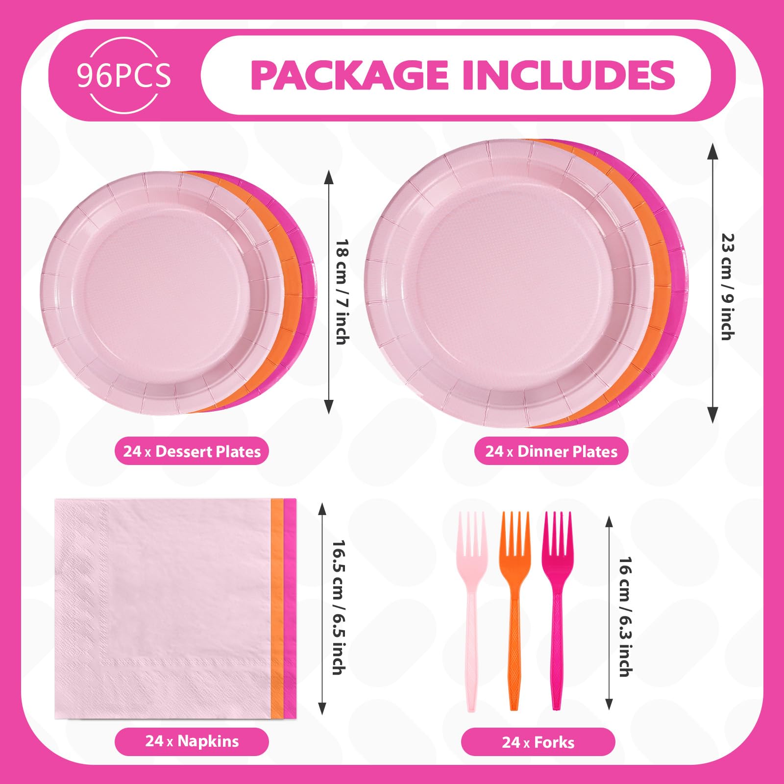 96 Pcs Pink and Orange Party Plates and Napkins - Grencian