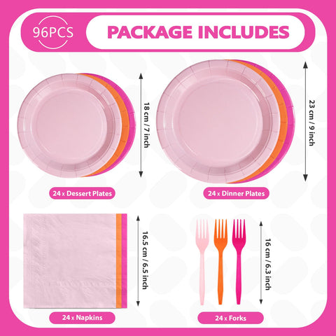 96 Pcs Pink and Orange Party Plates and Napkins - Grencian