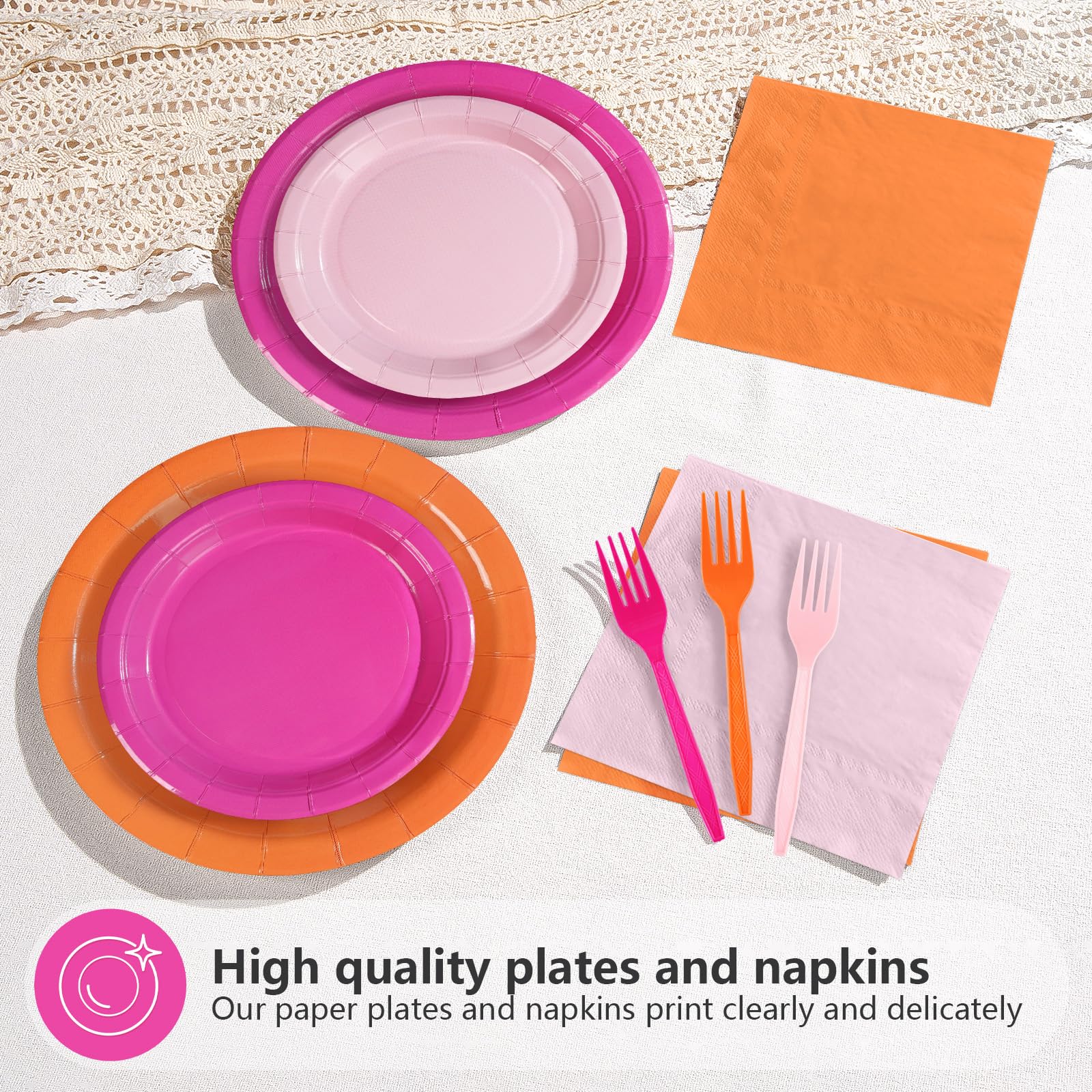 96 Pcs Pink and Orange Party Plates and Napkins - Grencian