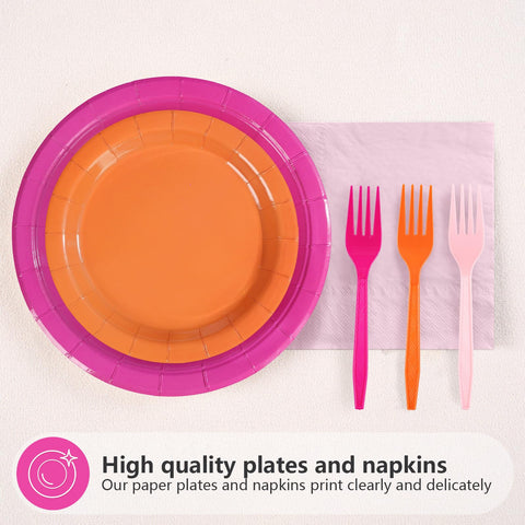 96 Pcs Pink and Orange Party Plates and Napkins - Grencian