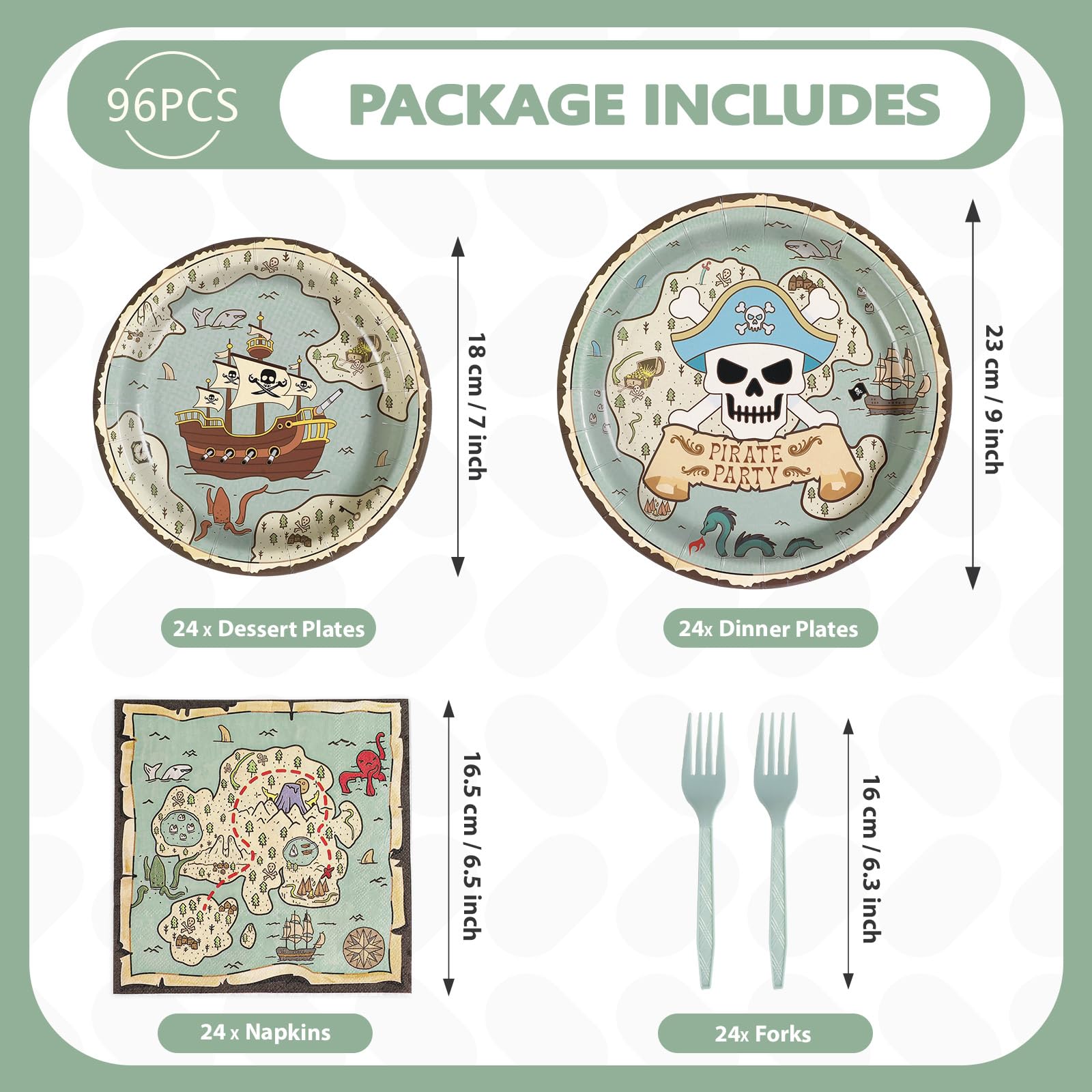 96 Pcs Pirate Map Party Plates and Napkins - Grencian