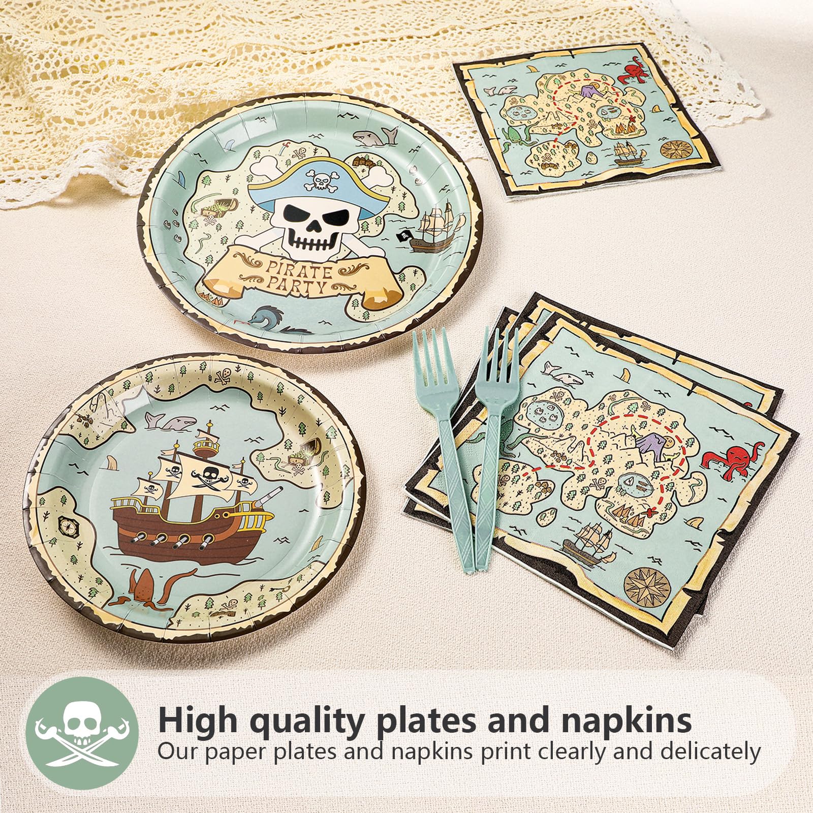 96 Pcs Pirate Map Party Plates and Napkins - Grencian