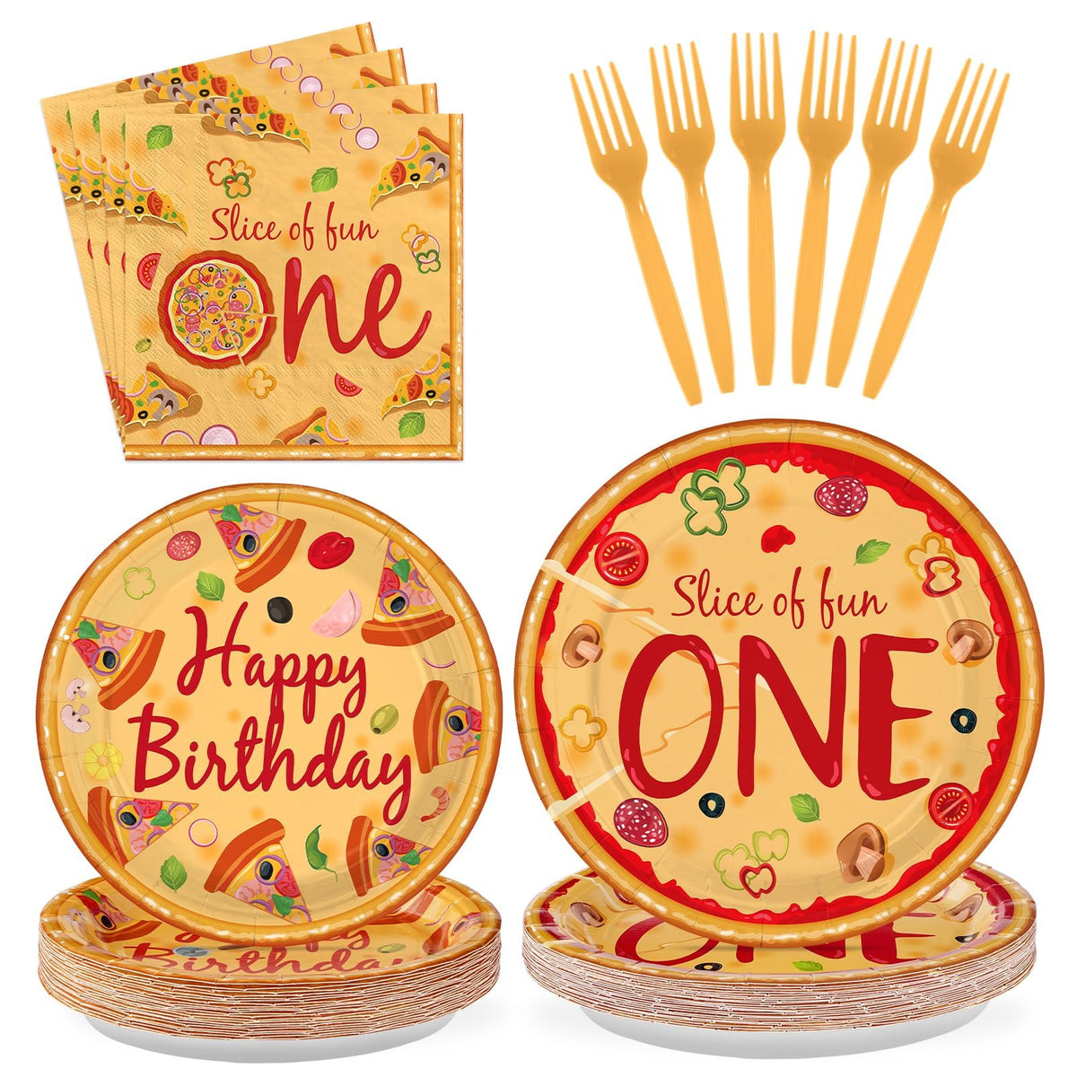 96 Pcs Pizza 1st Birthday Party Plates and Napkins - Grencian