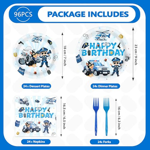 96 Pcs Police Dog Birthday Party Plates and Napkins - Grencian
