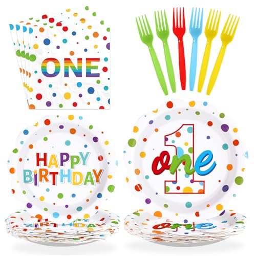 96 Pcs Polka Dots 1st Birthday Party Plates and Napkins - Grencian