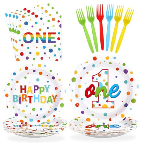 96 Pcs Polka Dots 1st Birthday Party Plates and Napkins - Grencian