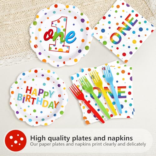 96 Pcs Polka Dots 1st Birthday Party Plates and Napkins - Grencian