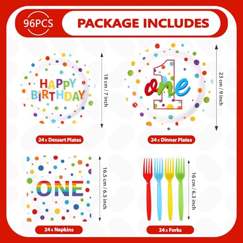 96 Pcs Polka Dots 1st Birthday Party Plates and Napkins - Grencian