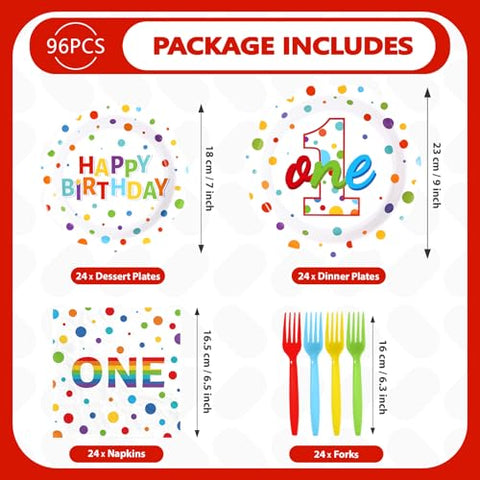 96 Pcs Polka Dots 1st Birthday Party Plates and Napkins - Grencian