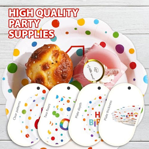 96 Pcs Polka Dots 1st Birthday Party Plates and Napkins - Grencian