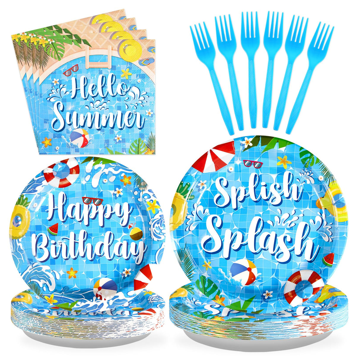 96 Pcs Pool Birthday Party Plates and Napkins - Grencian